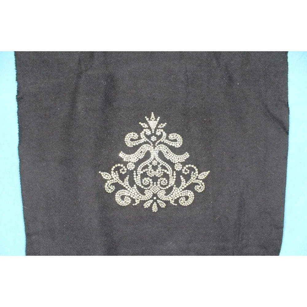 Made In Scotland CASHMERE Black FLORAL RHINESTONE DESIGN Fringe Trim SCARF